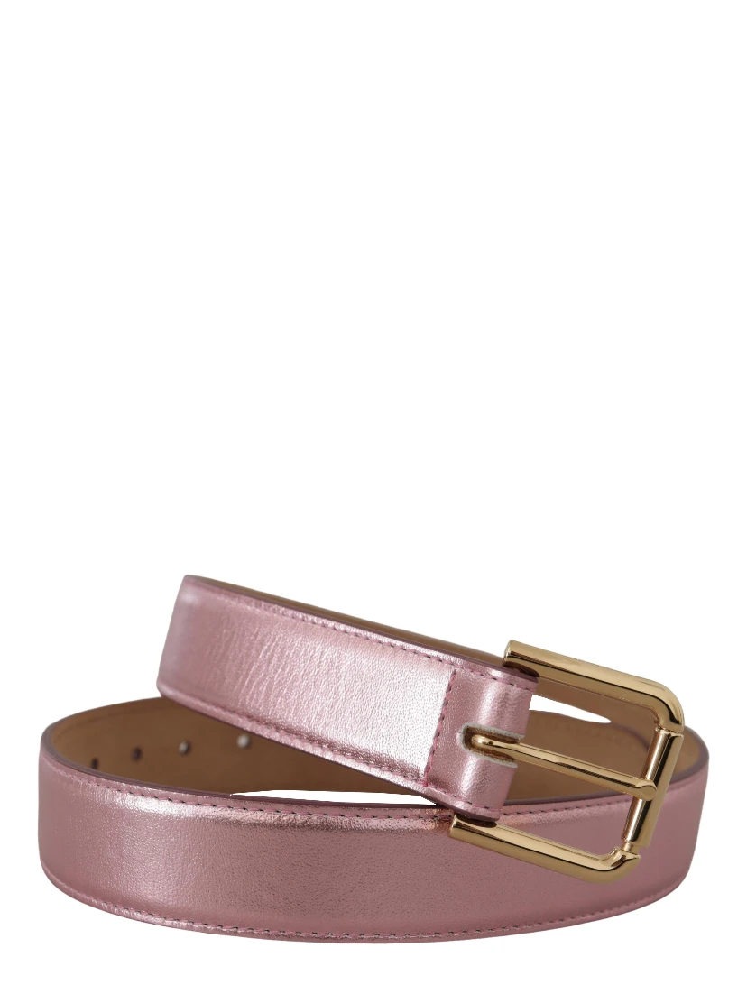Metallic Pink Polished Leather Logo Metal Buckle Belt