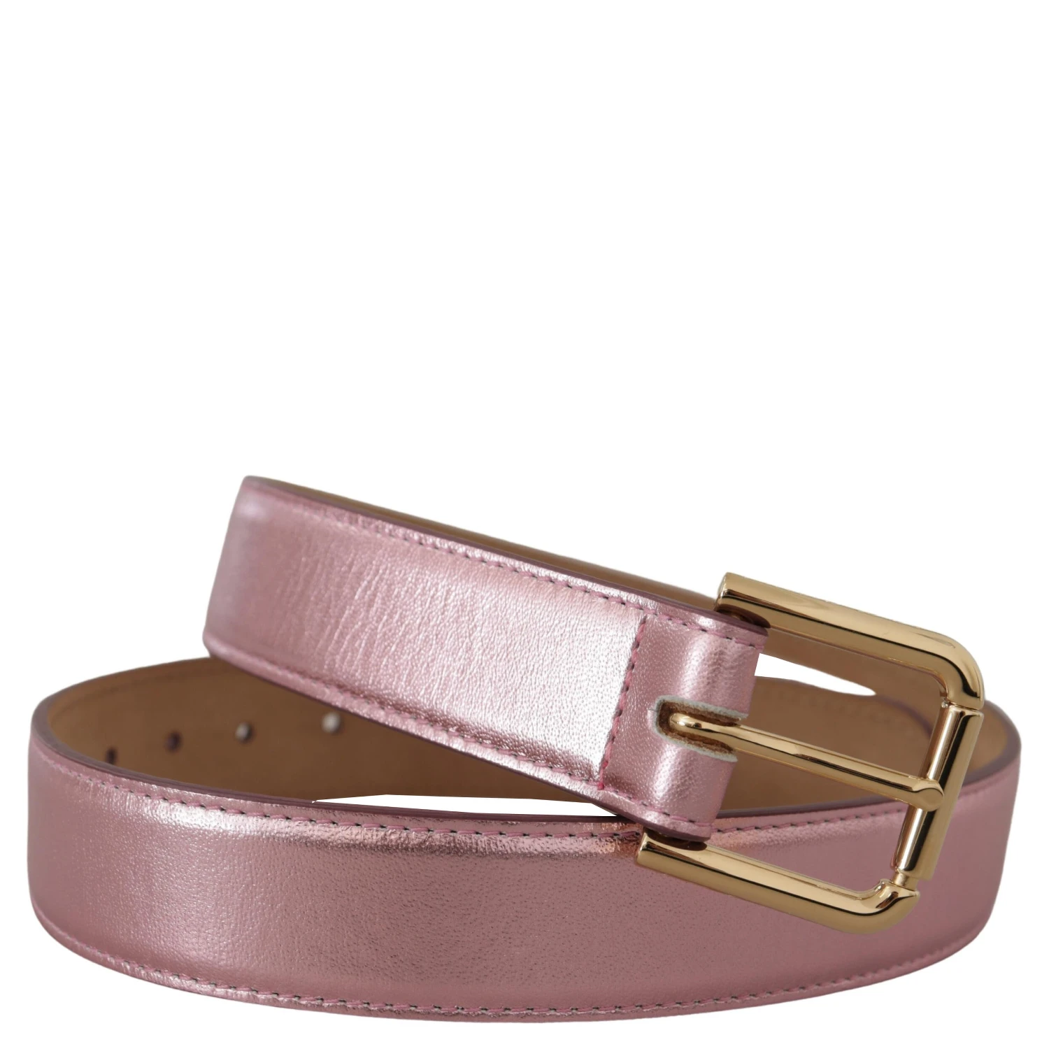 Metallic Pink Polished Leather Logo Metal Buckle Belt