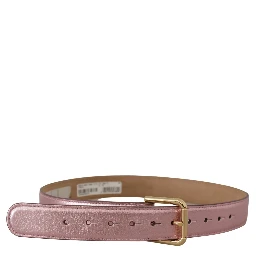 Metallic Pink Polished Leather Logo Metal Buckle Belt