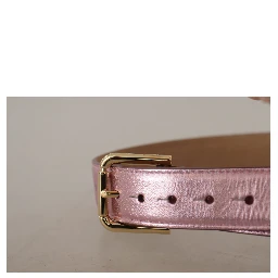 Metallic Pink Polished Leather Logo Metal Buckle Belt