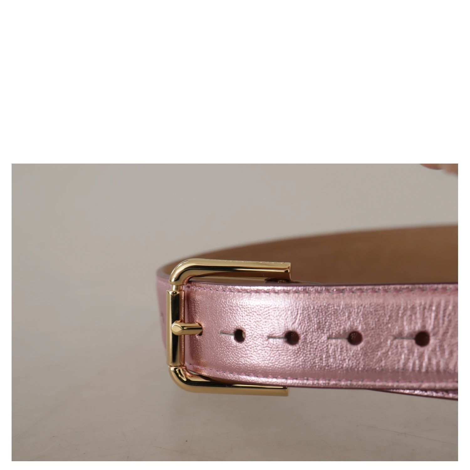Metallic Pink Polished Leather Logo Metal Buckle Belt