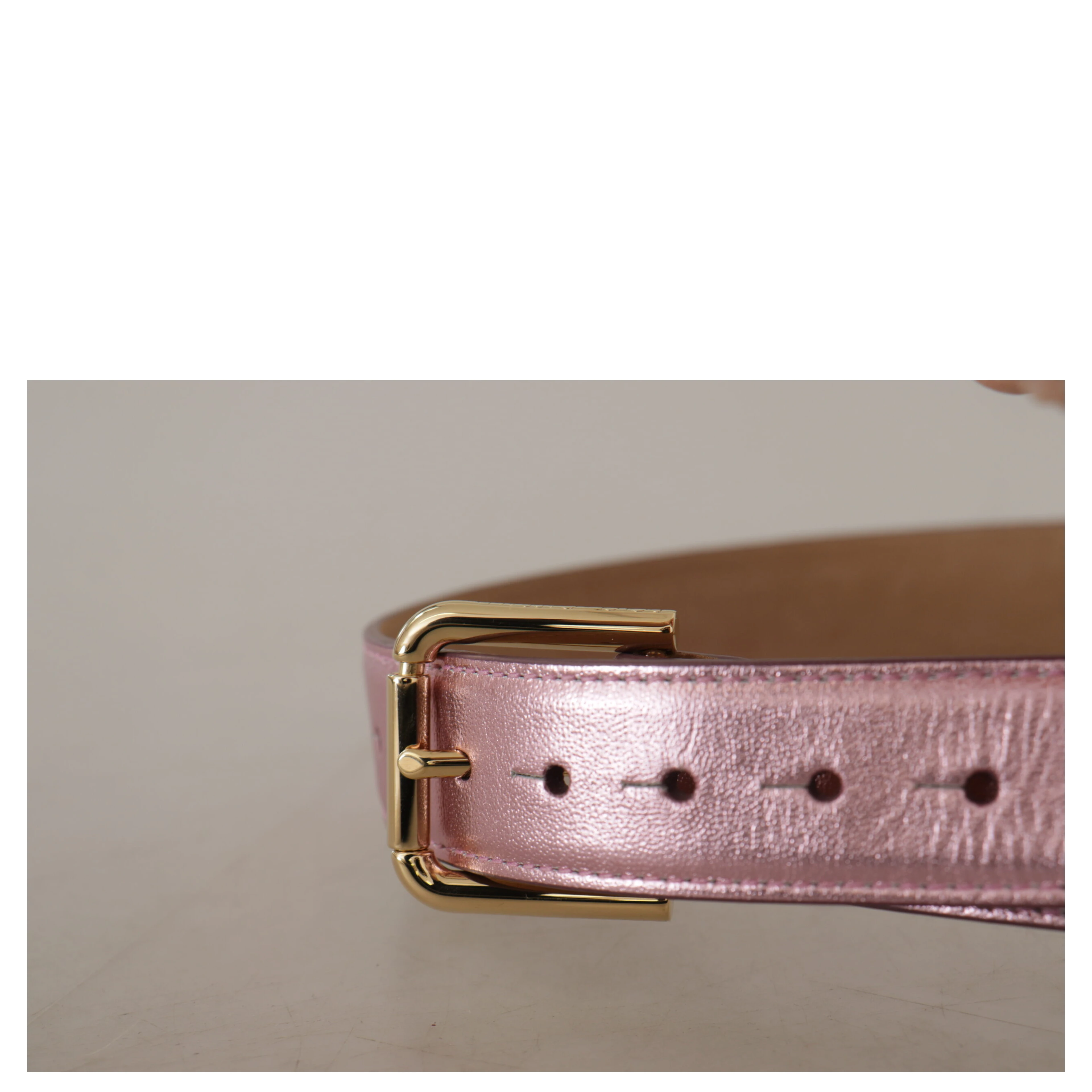 Metallic Pink Polished Leather Logo Metal Buckle Belt