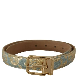 Blue Leather Jacquard Embossed Gold Metal Buckle Belt