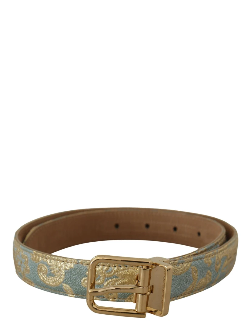 Blue Leather Jacquard Embossed Gold Metal Buckle Belt