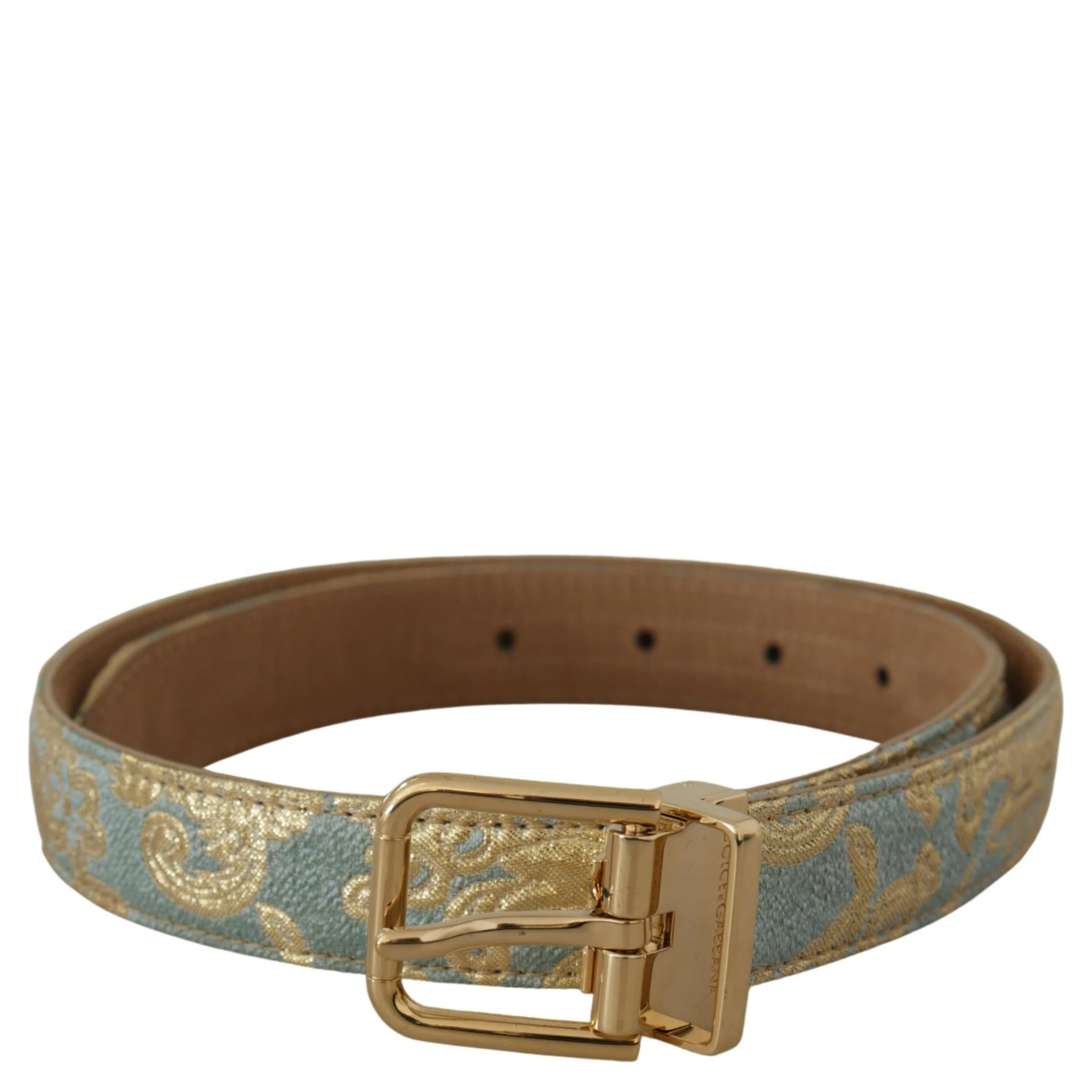 Blue Leather Jacquard Embossed Gold Metal Buckle Belt