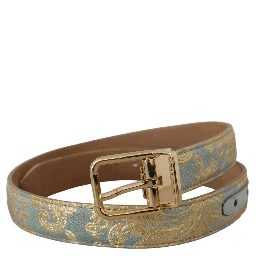 Blue Leather Jacquard Embossed Gold Metal Buckle Belt