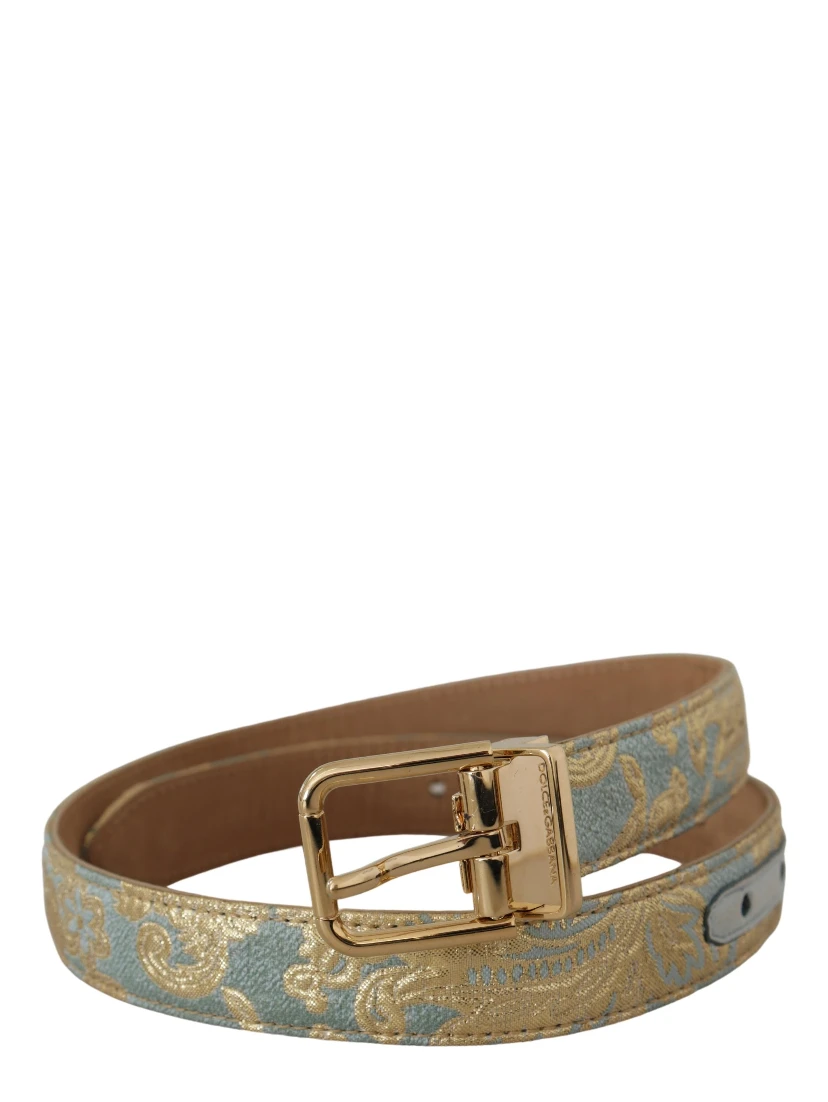 Blue Leather Jacquard Embossed Gold Metal Buckle Belt