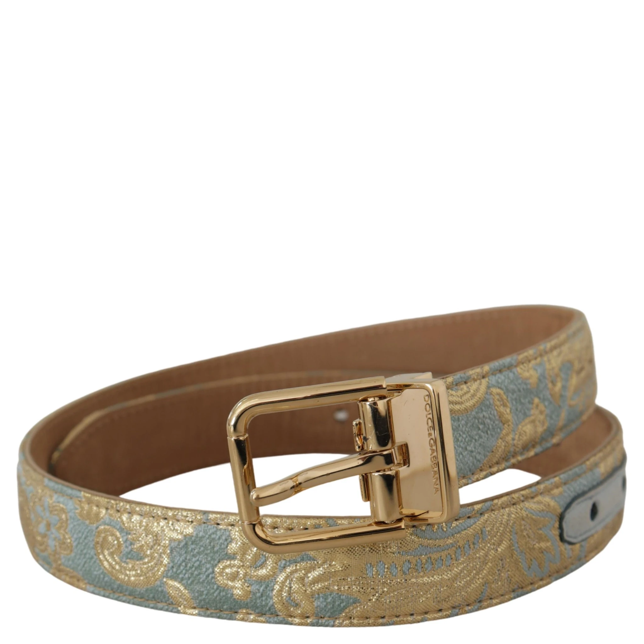 Blue Leather Jacquard Embossed Gold Metal Buckle Belt