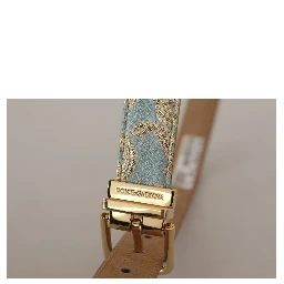 Blue Leather Jacquard Embossed Gold Metal Buckle Belt