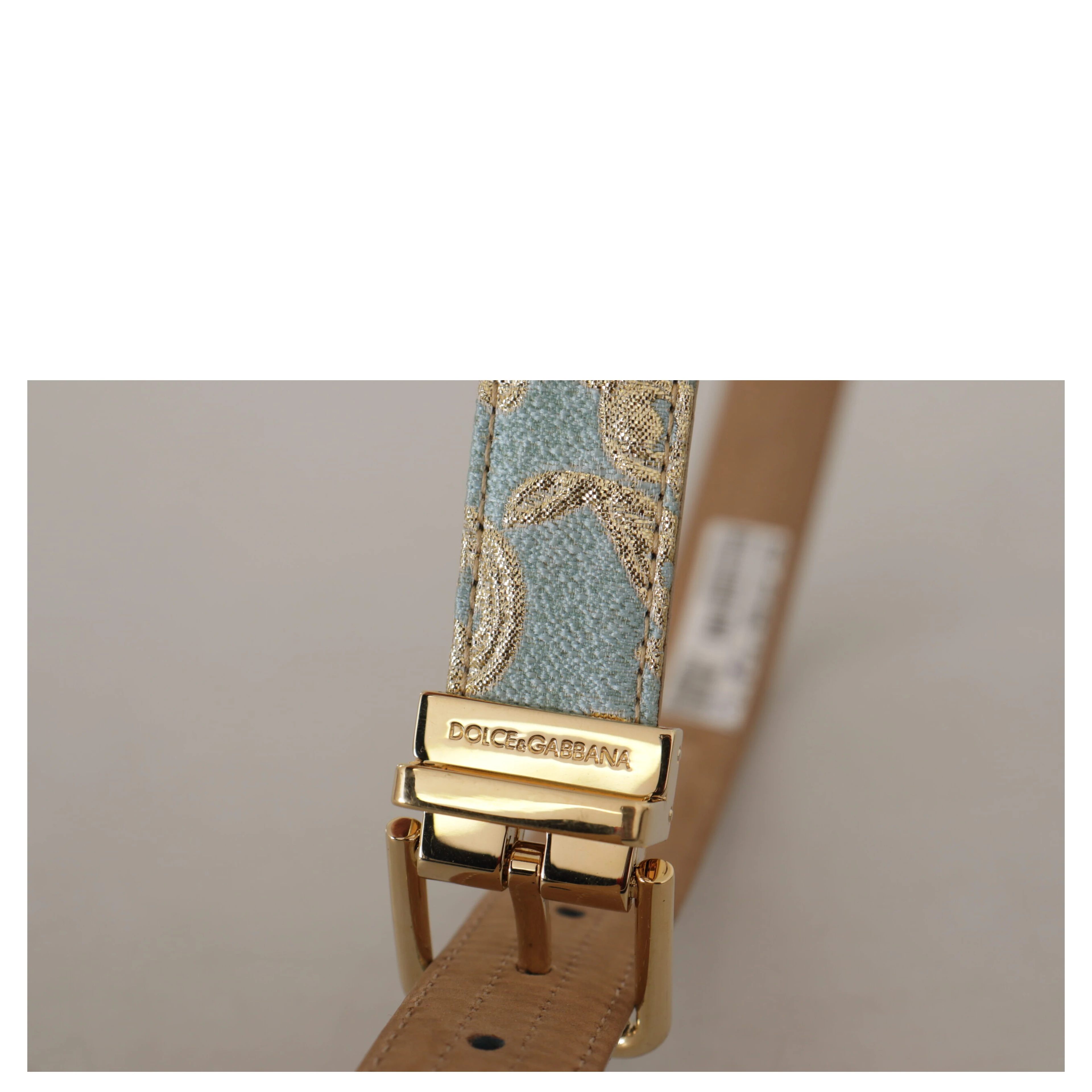Blue Leather Jacquard Embossed Gold Metal Buckle Belt