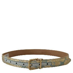 Blue Leather Jacquard Embossed Gold Metal Buckle Belt