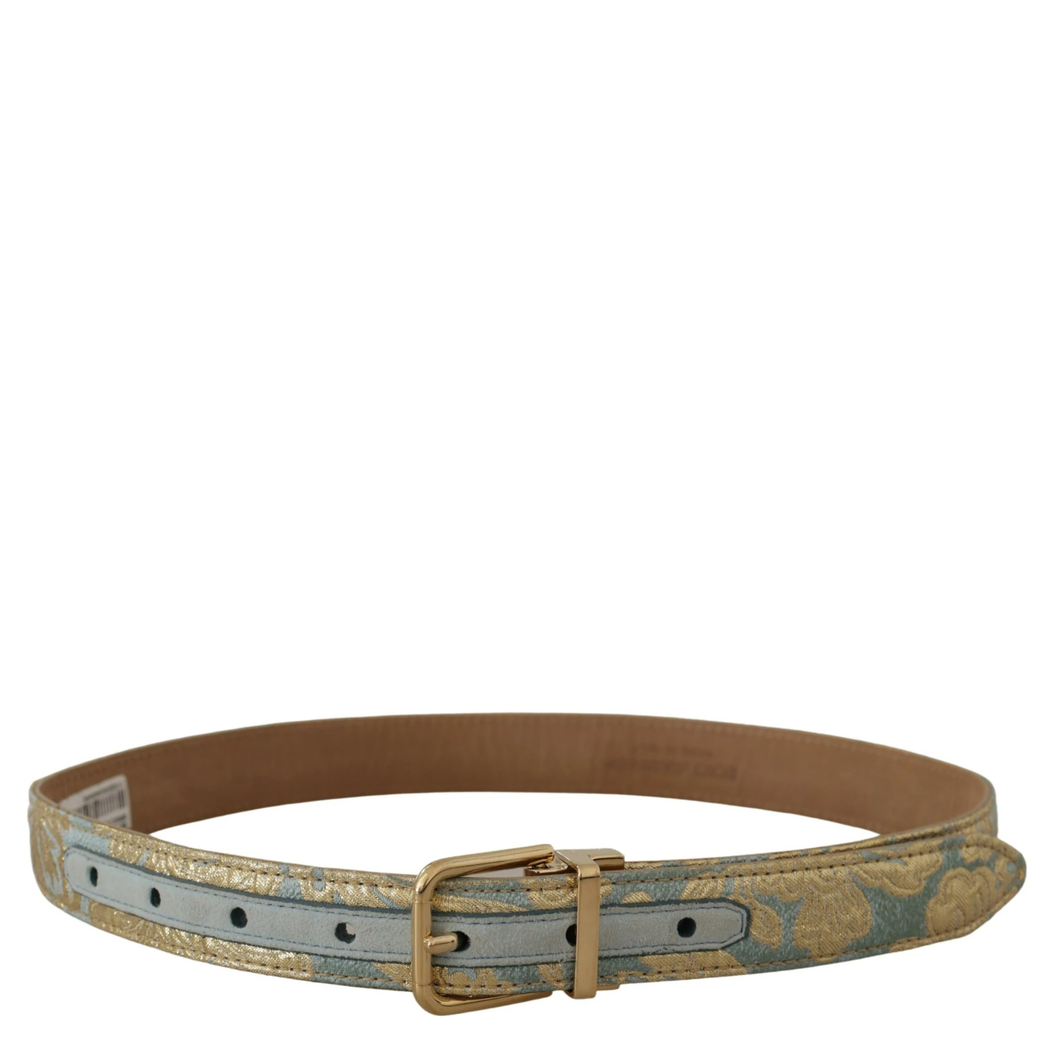Blue Leather Jacquard Embossed Gold Metal Buckle Belt