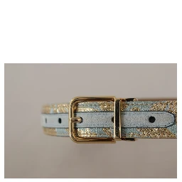 Blue Leather Jacquard Embossed Gold Metal Buckle Belt