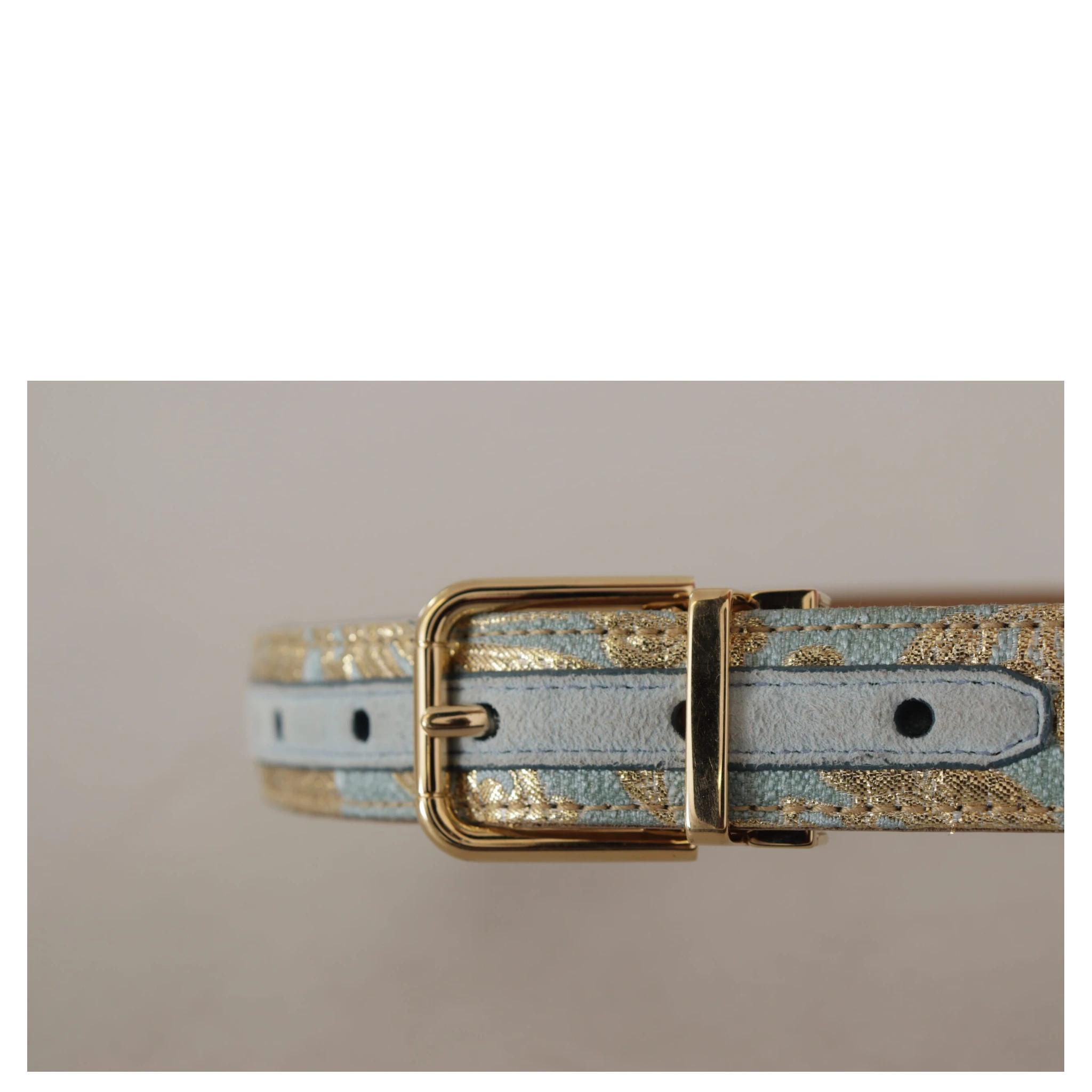 Blue Leather Jacquard Embossed Gold Metal Buckle Belt