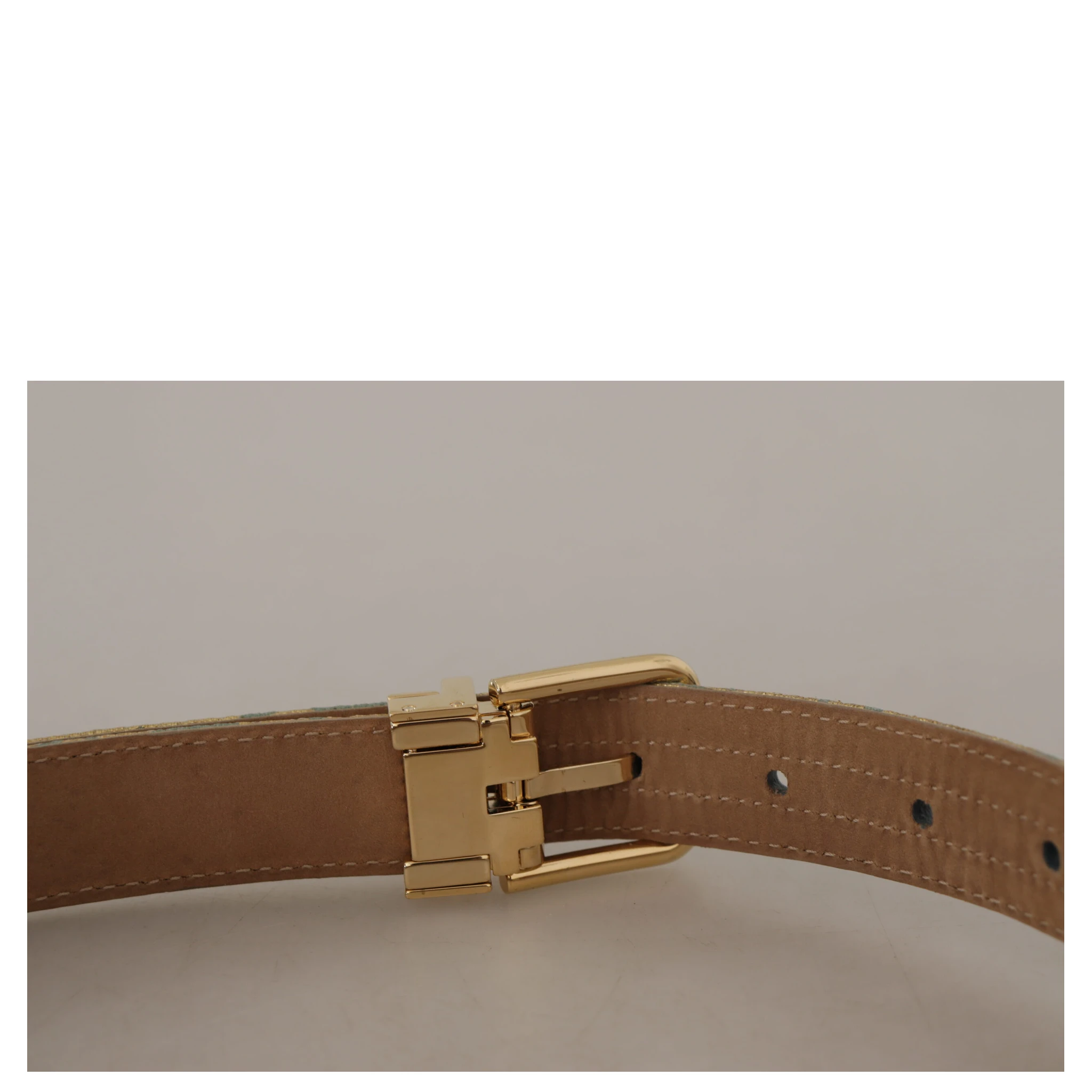 Blue Leather Jacquard Embossed Gold Metal Buckle Belt