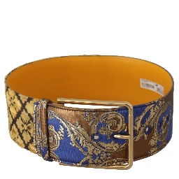 Blue Floral Patchwork Leather Wide Waist Buckle Belt