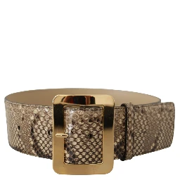 Brown Exotic Wide Waist Leather Gold Metal Buckle Belt