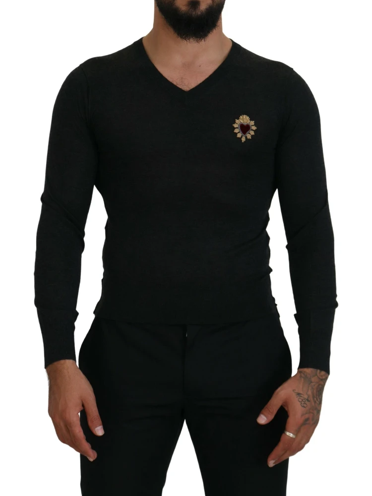 Gray Cashmere V-neck Gold Heart Sweater