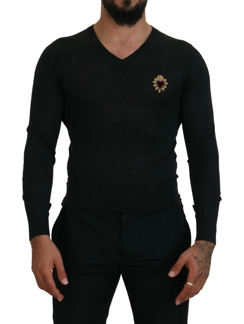 Gray Cashmere V-neck Gold Heart Sweater