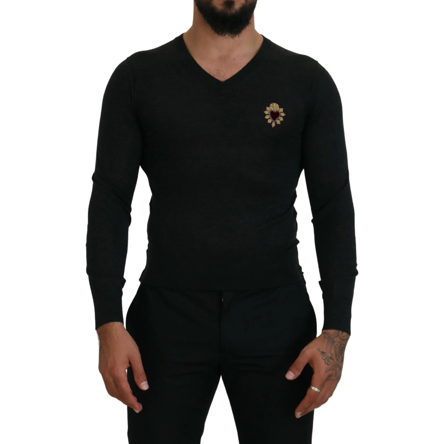 Gray Cashmere V-neck Gold Heart Sweater