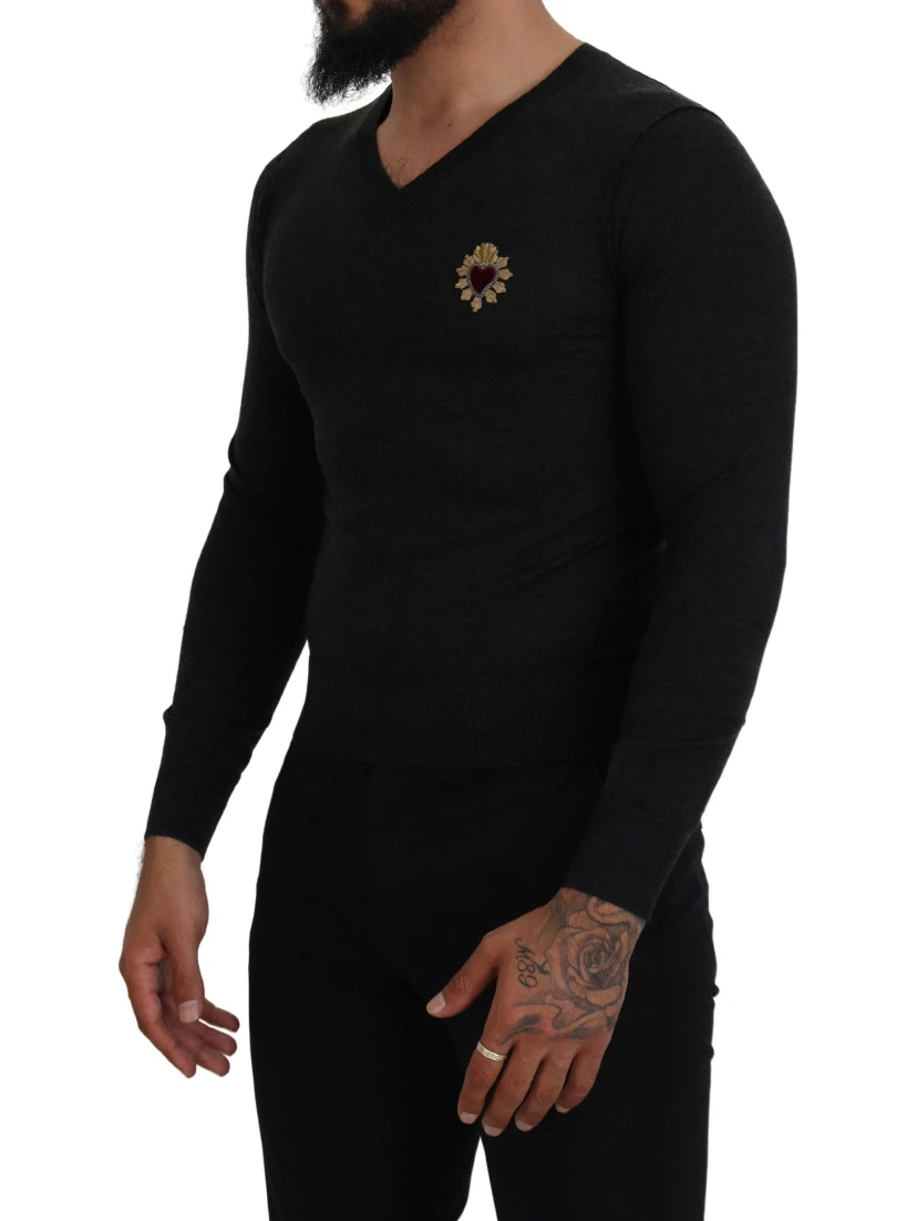 Gray Cashmere V-neck Gold Heart Sweater