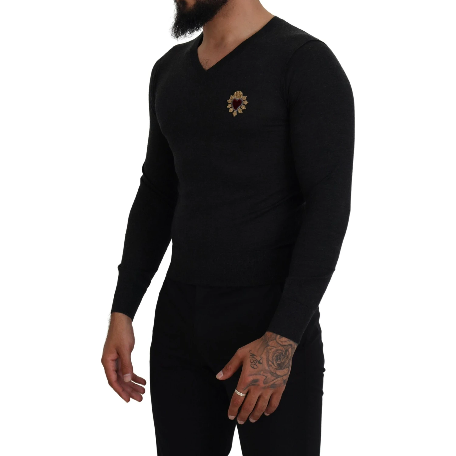 Gray Cashmere V-neck Gold Heart Sweater