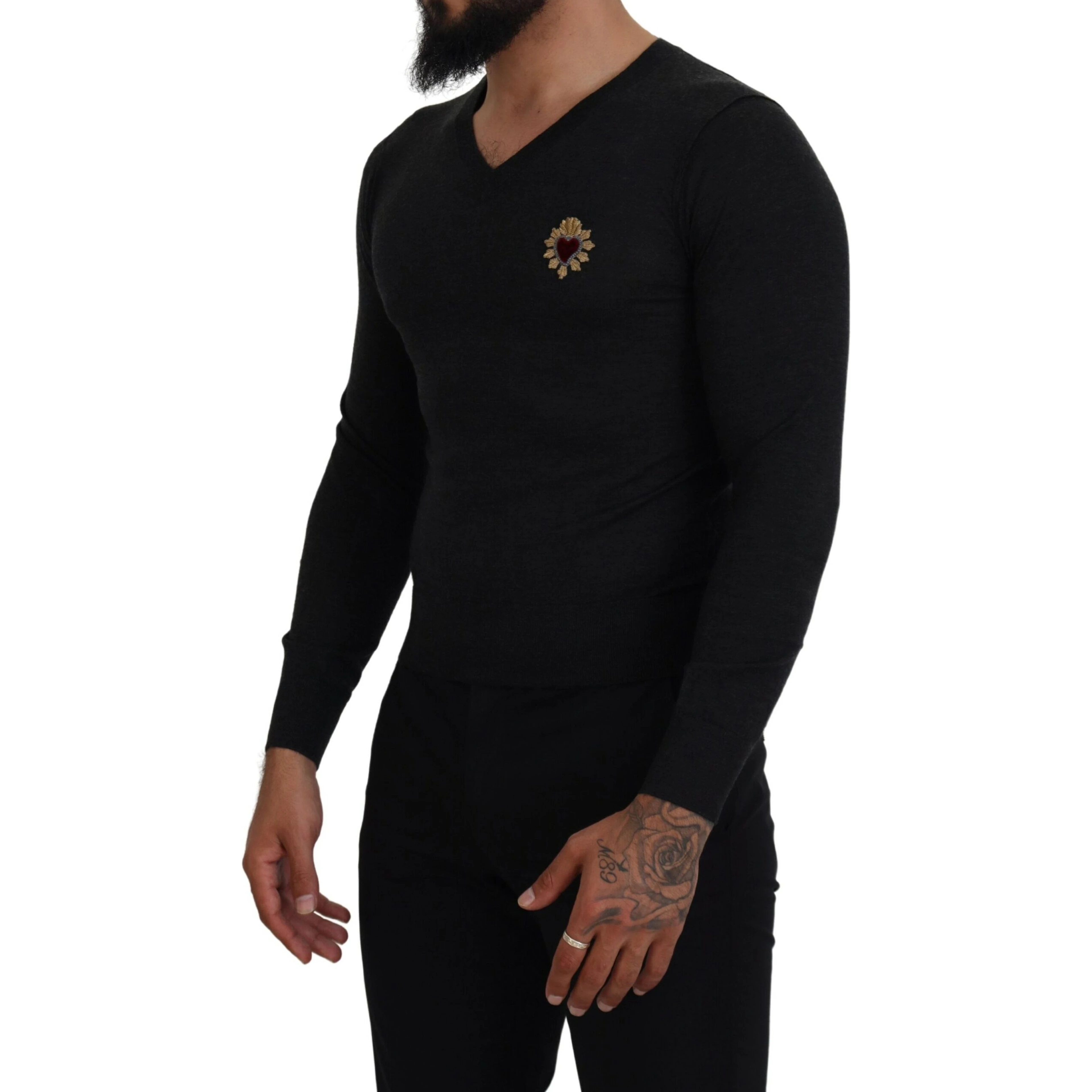 Gray Cashmere V-neck Gold Heart Sweater