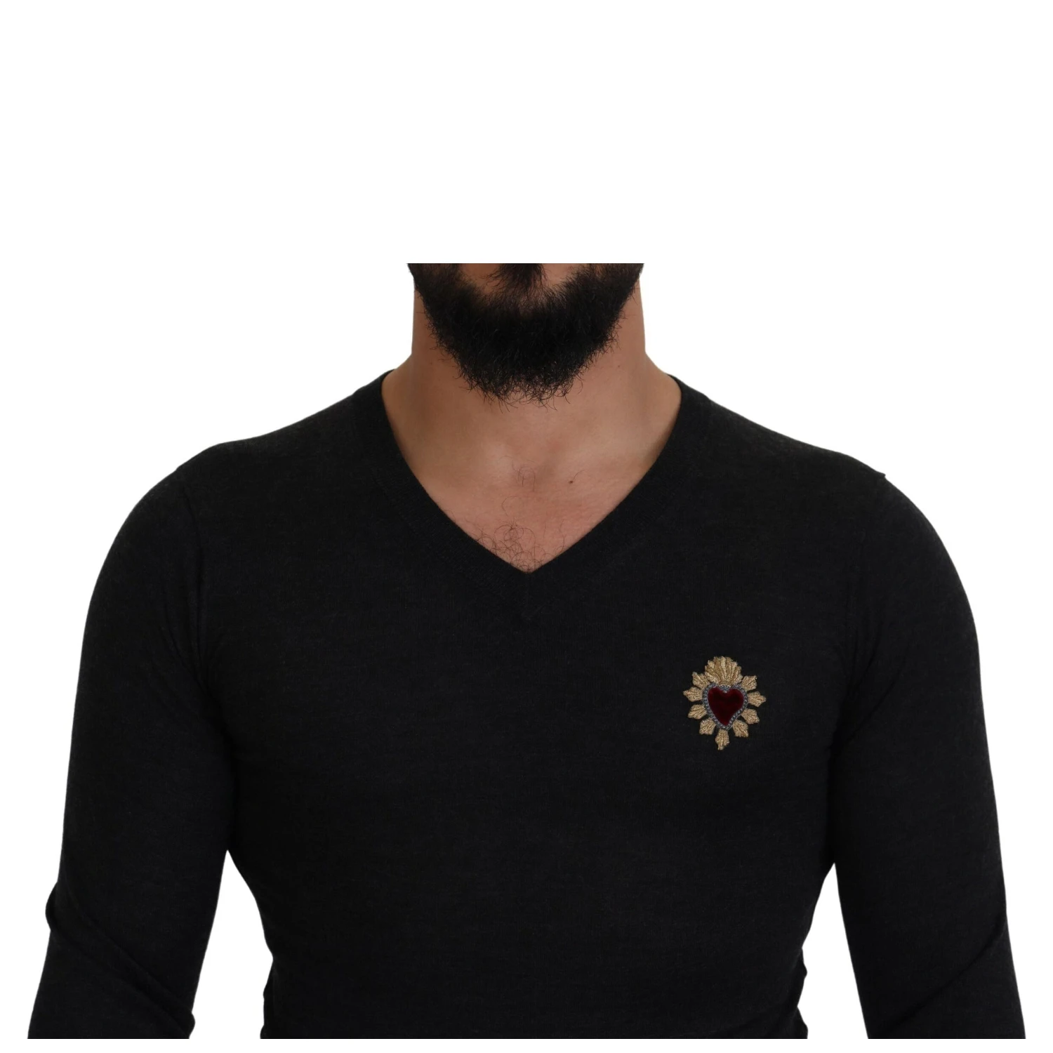 Gray Cashmere V-neck Gold Heart Sweater