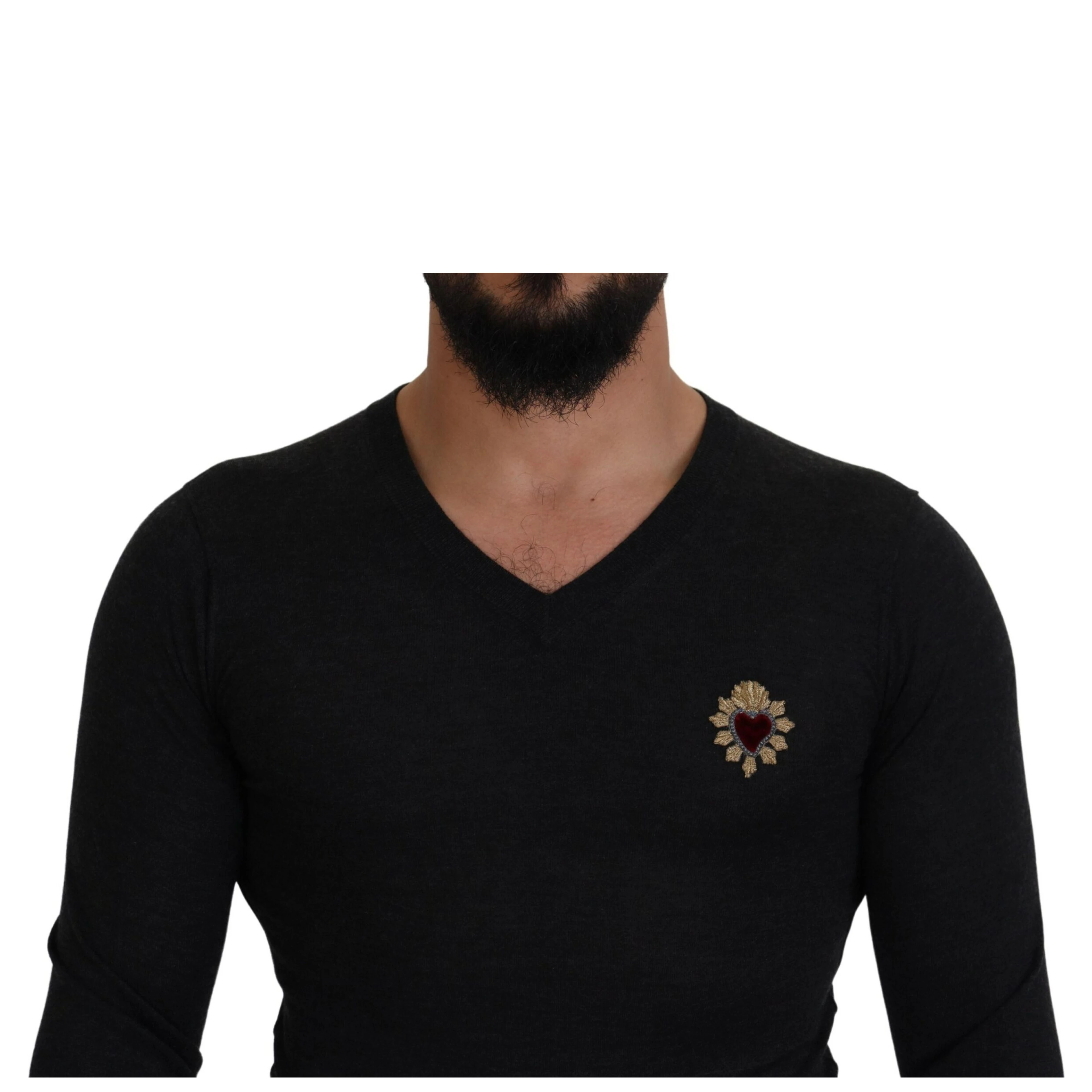 Gray Cashmere V-neck Gold Heart Sweater