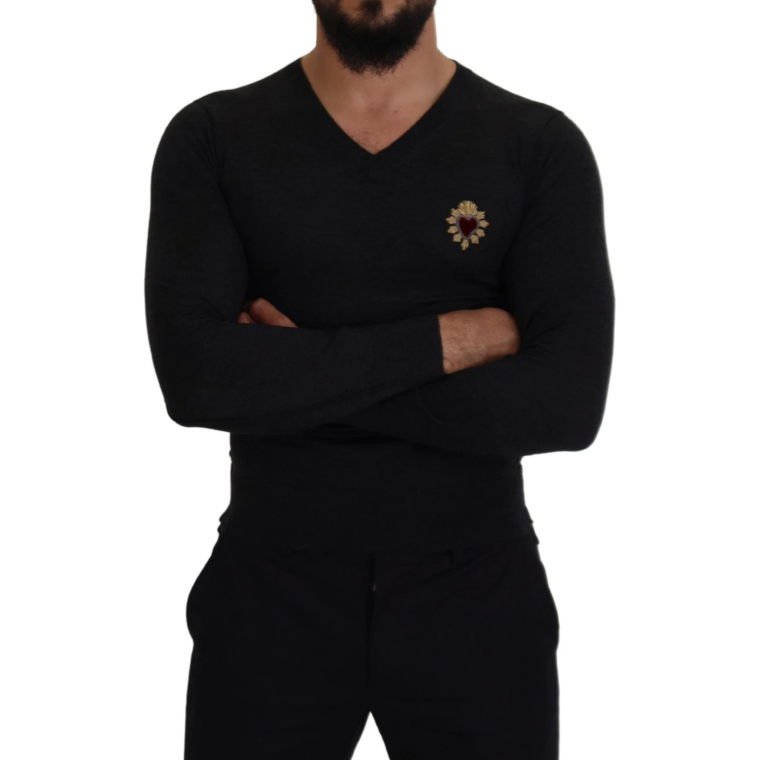 Gray Cashmere V-neck Gold Heart Sweater