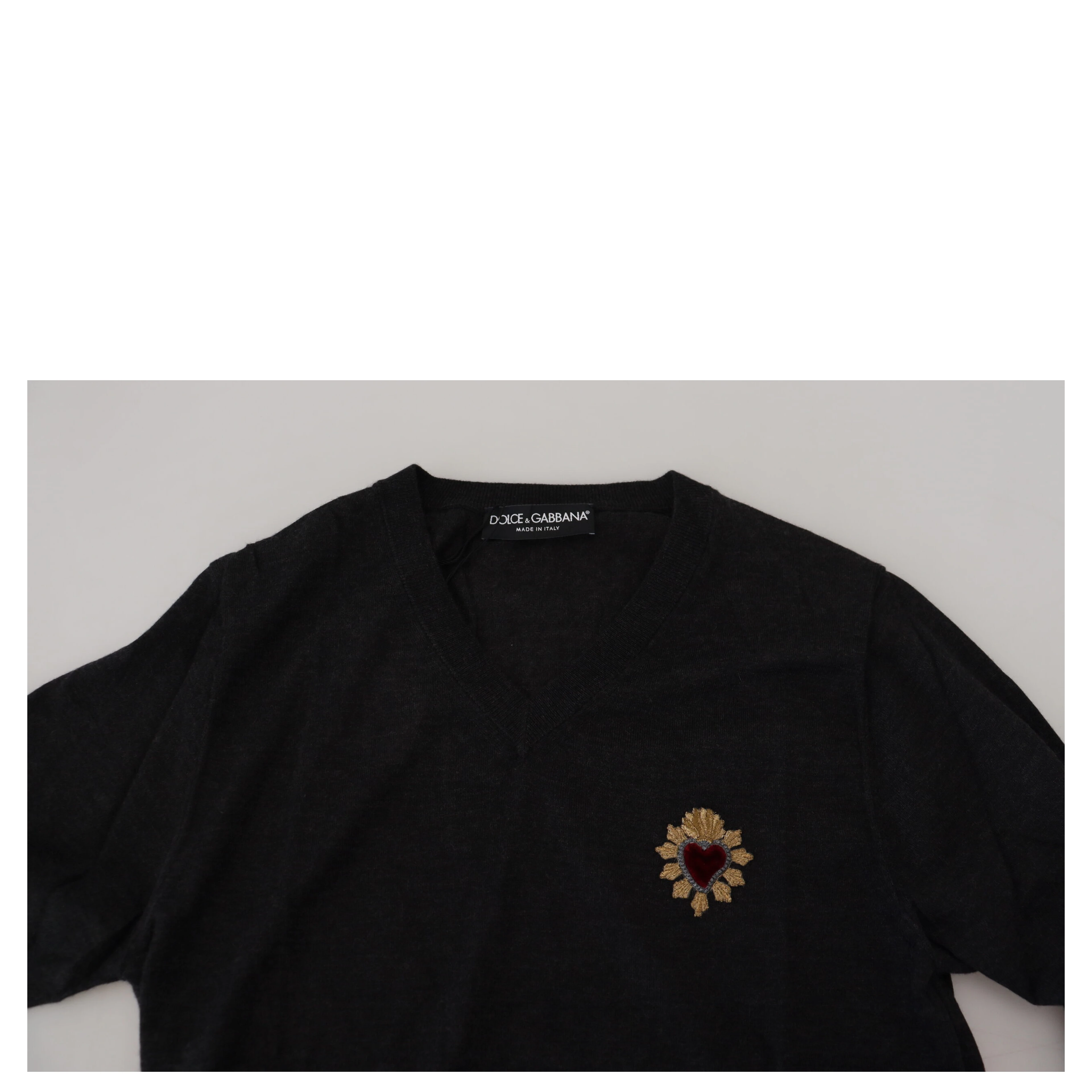 Gray Cashmere V-neck Gold Heart Sweater