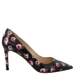 Black Leather Floral Heels Stilettos Pumps