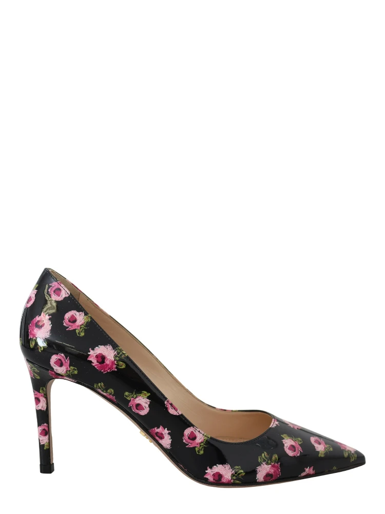 Black Leather Floral Heels Stilettos Pumps