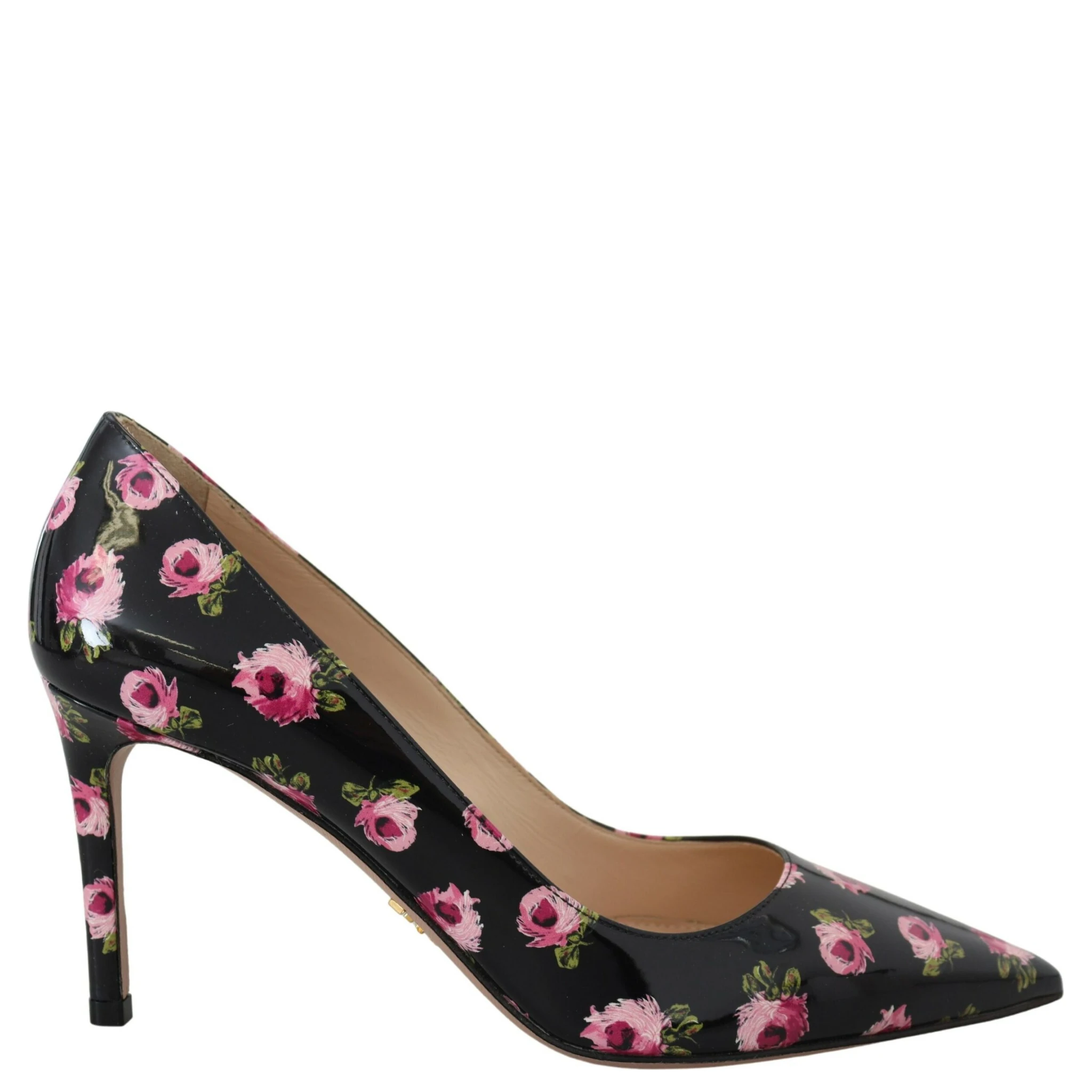 Black Leather Floral Heels Stilettos Pumps