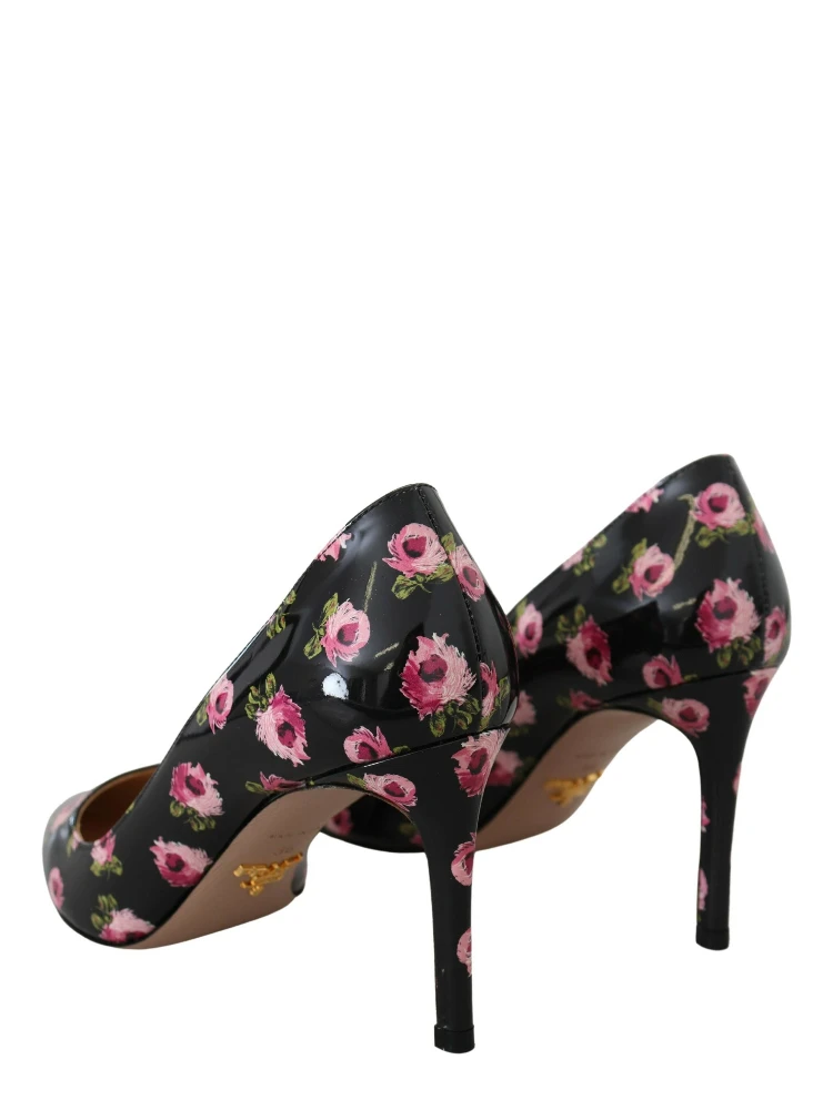 Black Leather Floral Heels Stilettos Pumps alternative