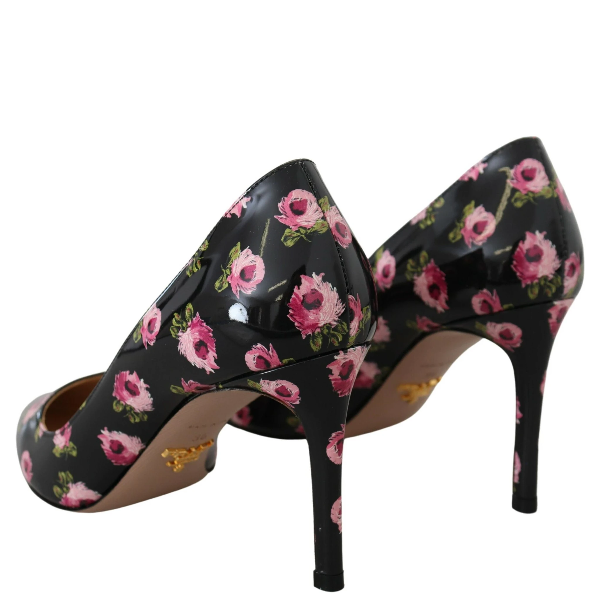 Black Leather Floral Heels Stilettos Pumps
