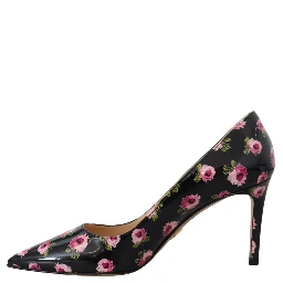 Black Leather Floral Heels Stilettos Pumps