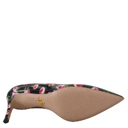 Black Leather Floral Heels Stilettos Pumps
