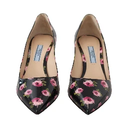 Black Leather Floral Heels Stilettos Pumps