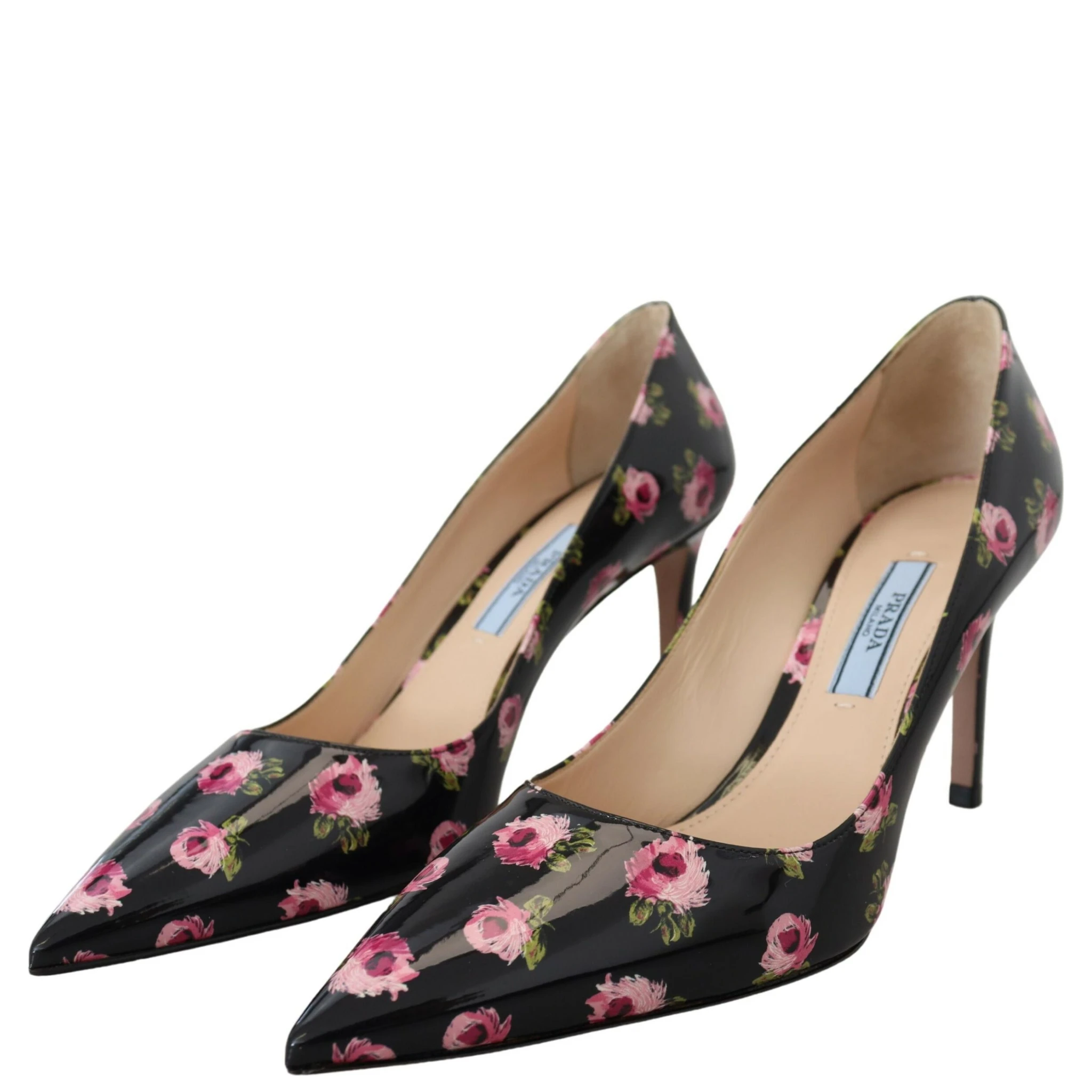 Black Leather Floral Heels Stilettos Pumps
