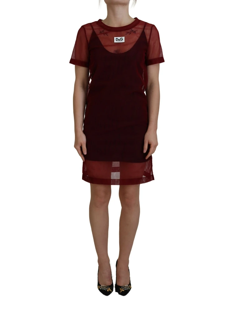 Maroon Nylon Two Layer Shift Mini Dress