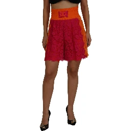 Pink Orange Lace Cotton High Waist Shorts