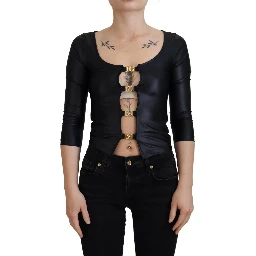 Black Cotton Stretch Open Chest 3/4 Sleeve Top