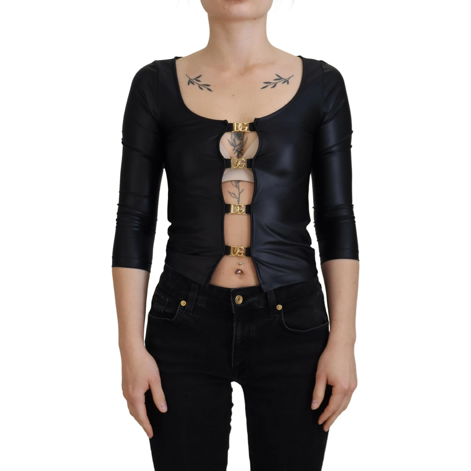 Black Cotton Stretch Open Chest 3/4 Sleeve Top