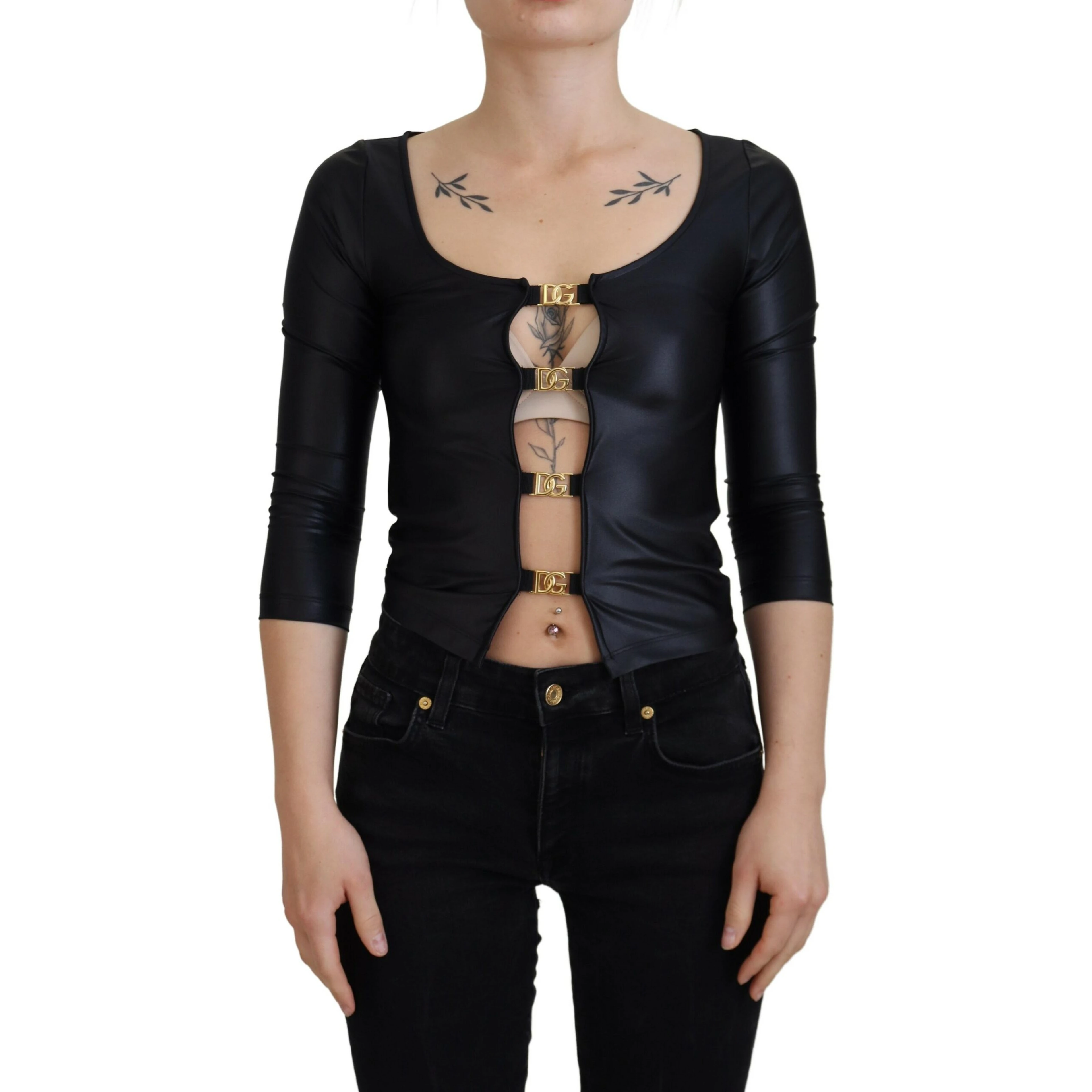 Black Cotton Stretch Open Chest 3/4 Sleeve Top