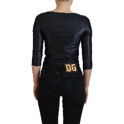 Black Cotton Stretch Open Chest 3/4 Sleeve Top