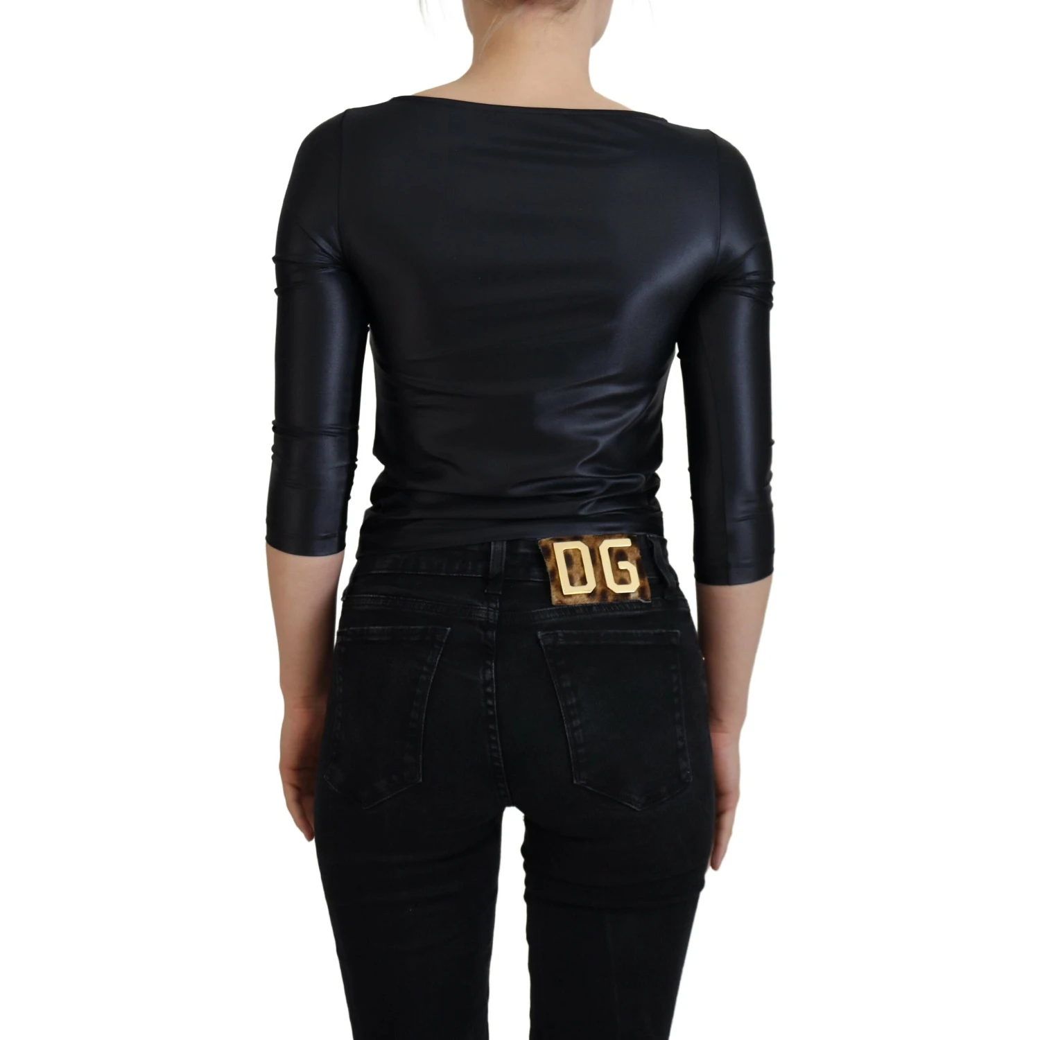Black Cotton Stretch Open Chest 3/4 Sleeve Top