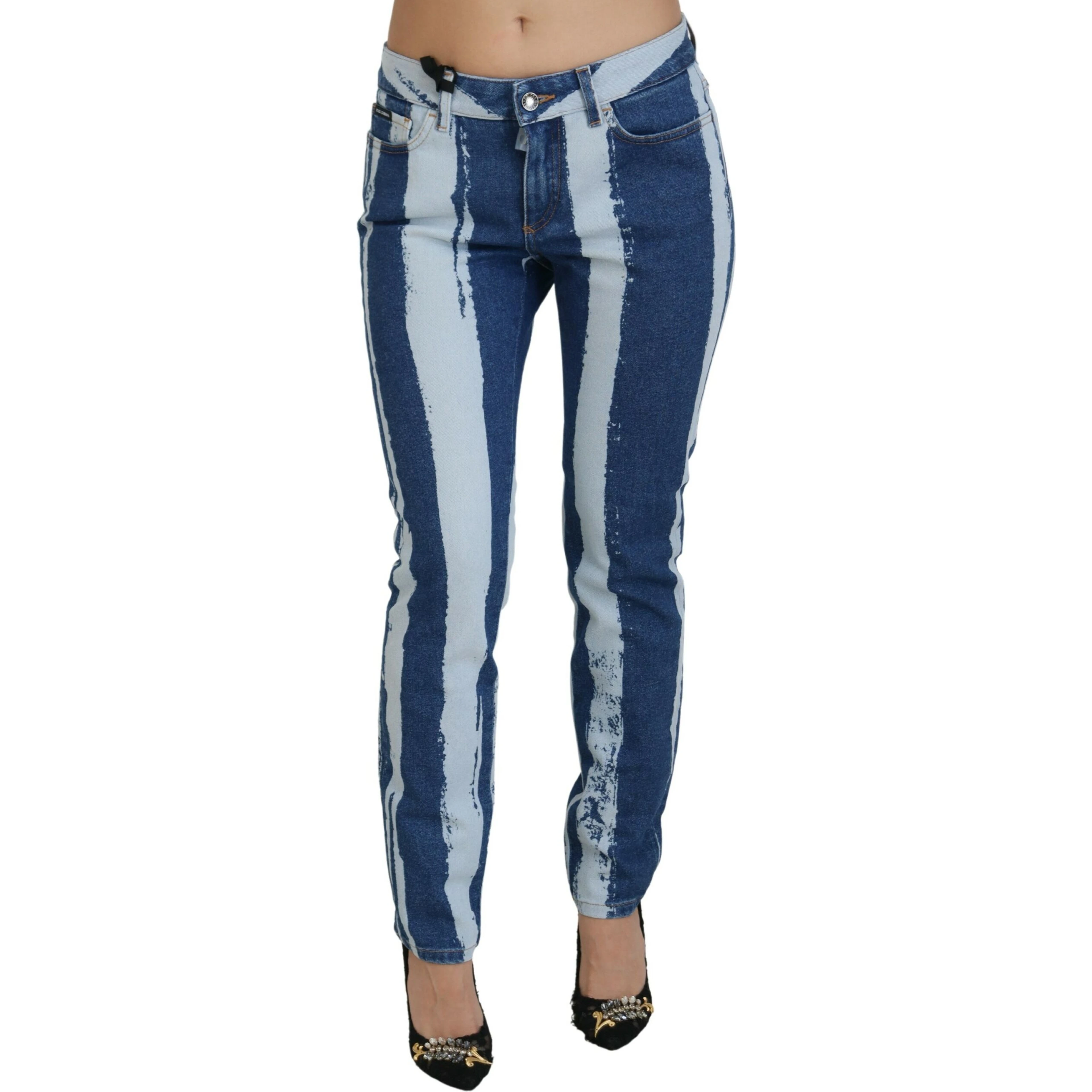 Cobalt Blue Stripes Skinny Denim Cotton Jeans