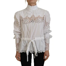 White Cotton Lace Trim Turtle Neck Blouse Top