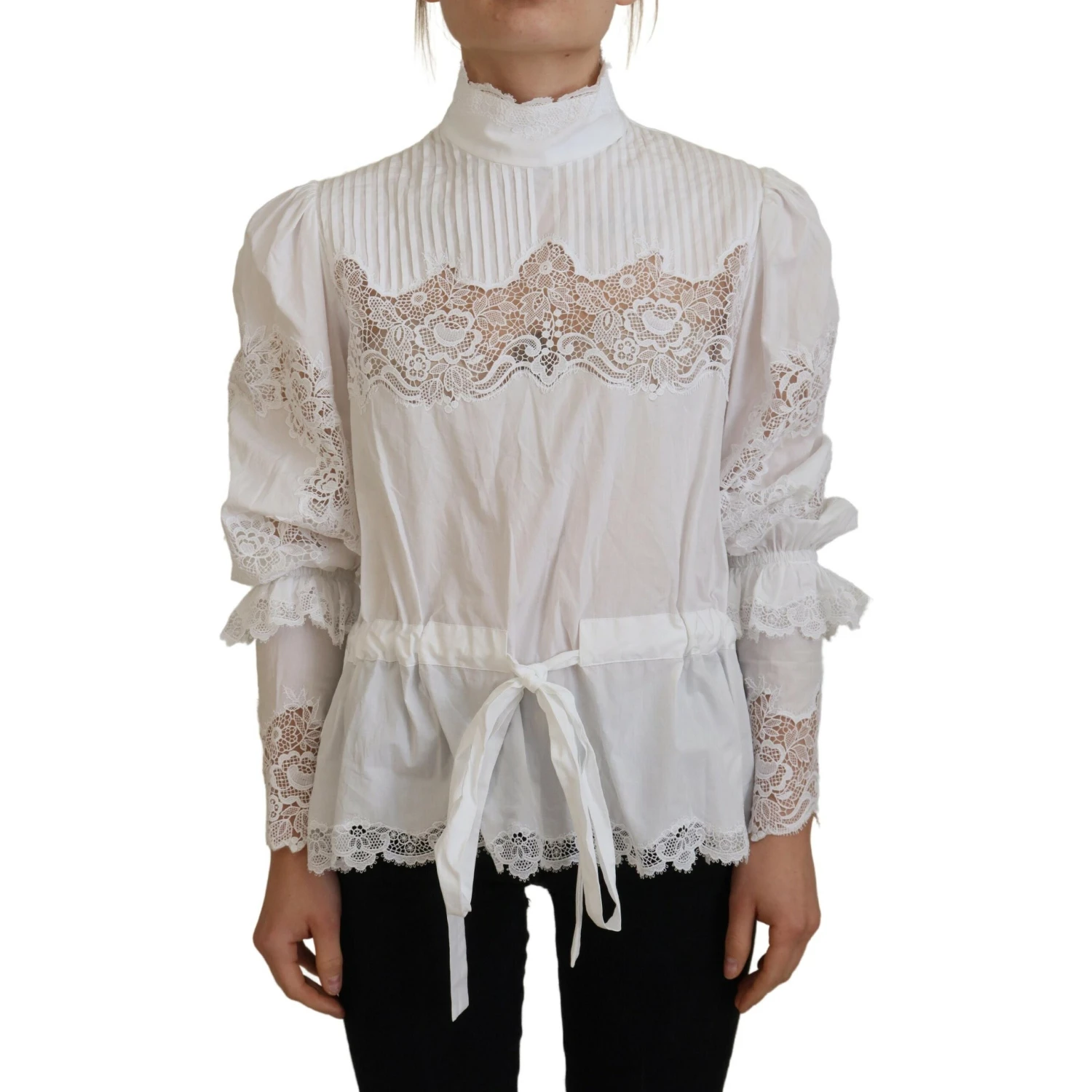 White Cotton Lace Trim Turtle Neck Blouse Top